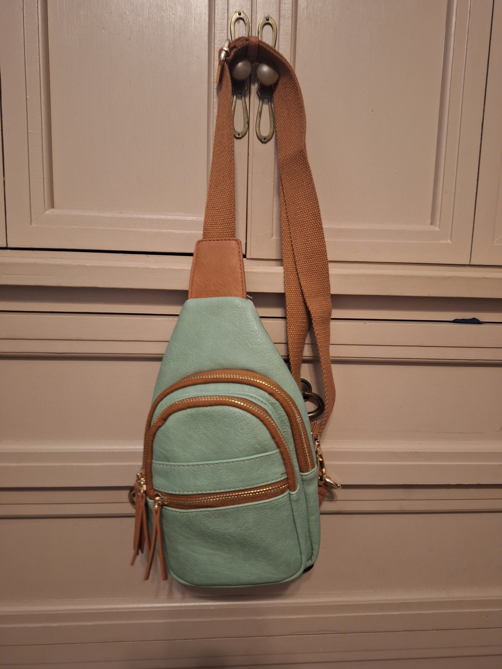 Mint Green Crossbody Sling Bag with Tan Accents Like New